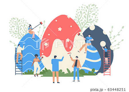Easter egg colouring. Spring event eggs decorating, characters paint huge easter eggs, spring holiday colorful chocolate egg vector illustration 63448251