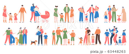 Family groups. Love family portraits, traditional families, mother, father, happy kids, different generations characters vector illustration set Family groups. Love family portraits, traditional families, mother, father, happy kids, different generations characters vector illustration set 63448263