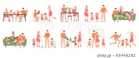 Parents and children at home. Family indoor activity, happy dad, mom and kids playing, cooking, dancing. Happy family vector illustration set 63448282