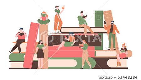 People with books. Reading characters on big books pile, literature fans with huge book stack, reading woman and man isolated vector illustration 63448284