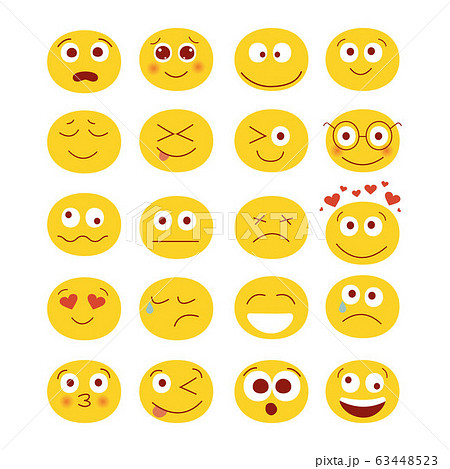 Modern vector illustration of set of cute funny emoticons. Emoji set. Set for social networks, messenger and chats. Different smiles with laugh kisses surprise love and sadness 63448523