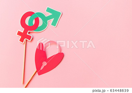 Photo booth props isolated on pink background. Top view. Photo booth props isolated on pink background. Top view. 63448639