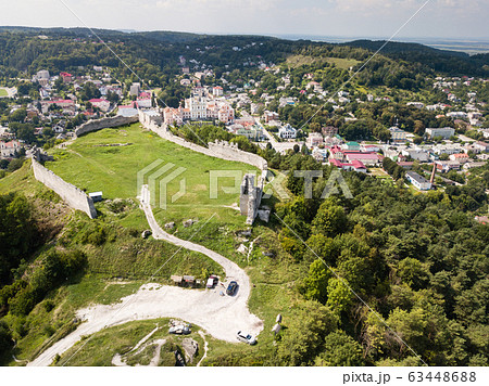 aerial view ruins ancient castle in Kremenets, 63448688