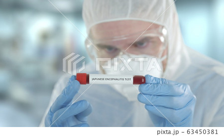 Defocused laboratory assistant wearing protection suit examines vial with japanese encephalitis test 63450381