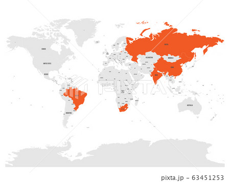World map with highlighted member countries of BRICS - association of five major emerging national economies - Brazil, Russia, India, China and South Africa 63451253