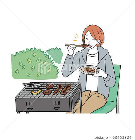 バーベキューをする 女性 手描き バーベキューをする 女性 手描き 63453324