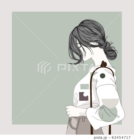 Woman in a simple style dress style. She is leaving the house to go shopping.Fashion illustration of girl. Lovely girl. Hairstyles for women in modern style.Doodle art concept,illustration painting 63454717