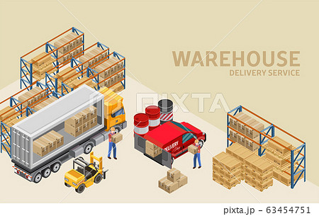 Workers loading truck and van in warehouse 63454751
