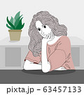 Woman sitting on a table with decorations inside the house.Doodle art concept,illustration painting 63457133
