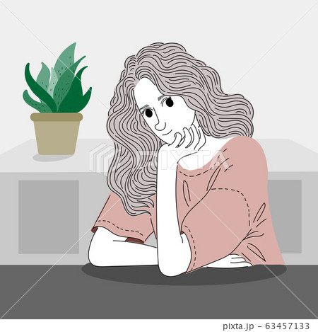 Woman sitting on a table with decorations inside the house.Doodle art concept,illustration painting 63457133