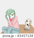 Woman looking at a cute puppy on a wooden table in a restaurant.Doodle art concept,illustration painting 63457138