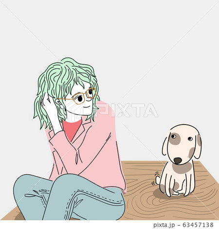Woman looking at a cute puppy on a wooden table in a restaurant.Doodle art concept,illustration painting 63457138