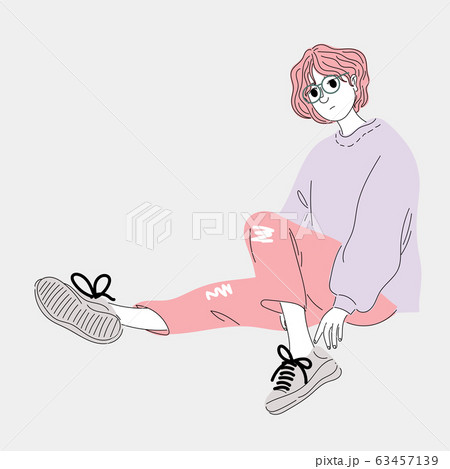 woman was dressed up in modern fashion and she sat on the cement floor in the open air.Doodle art concept,illustration painting 63457139