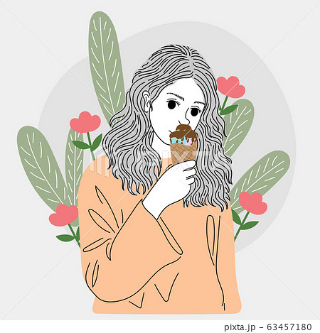 woman stood and ate ice cream at one of the public gardens in the city.Doodle art concept,illustration painting woman stood and ate ice cream at one of the public gardens in the city.Doodle art concept,illustration painting 63457180