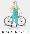 Woman standing outdoors in a city with her bike.Doodle art concept,illustration painting 63457181
