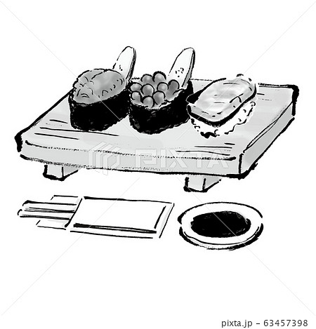 白黒、 モノクロ、 単色、イラスト素材、イクラ、ウニ、うに、雲丹、大トロ、トロ、鮪、盛り合わせ、 63457398