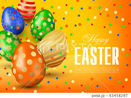 Elegant Happy Easter greeting card, flyer, poster or banner vector template with multicolored realistic 3D eggs and confetti on yellow orange background Elegant Happy Easter greeting card, flyer, poster or banner vector template with multicolored realistic 3D eggs and confetti on yellow orange background 63458297
