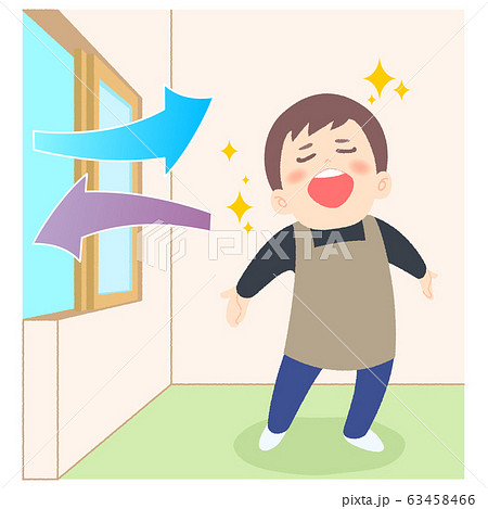 換気した部屋で深呼吸する男性 和室 畳 63458466