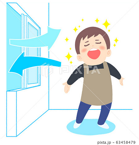 換気した部屋で深呼吸する男性 63458479