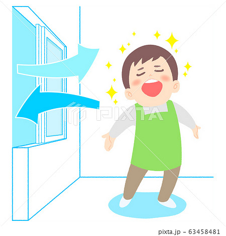 換気した部屋で深呼吸する男性 63458481