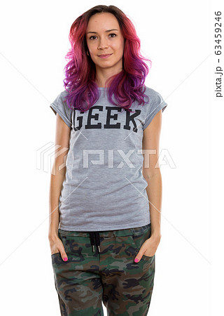Studio shot of geek girl standing with hands on pockets 63459246