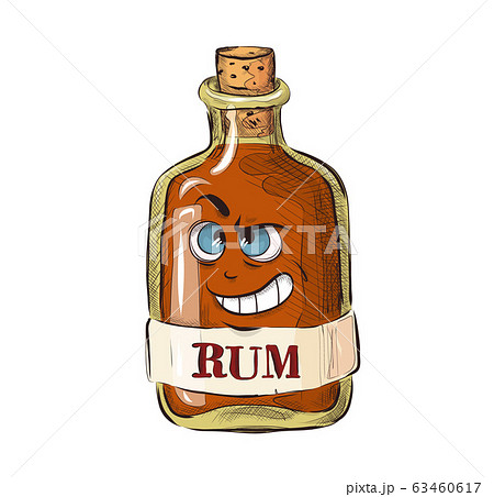 Bottle of rum with facial expression, funny cartoon picture in a flat style. Alcoholic drink. Bottle of rum with facial expression, funny cartoon picture in a flat style. Alcoholic drink. 63460617