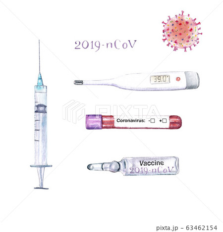 coronavirus, Wuhan virus, 2019-nCoV watercolor set: microbe, syringe test tube vaccine thermometer 63462154