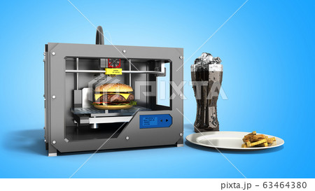 3D printer print burger 3d rendering on blue 3D printer print burger 3d rendering on blue 63464380