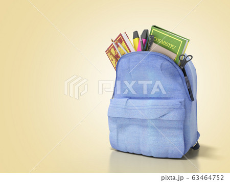 Blue backpack with school supplies 3d render on 63464752