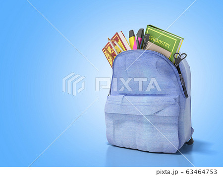 Blue backpack with school supplies 3d render on 63464753