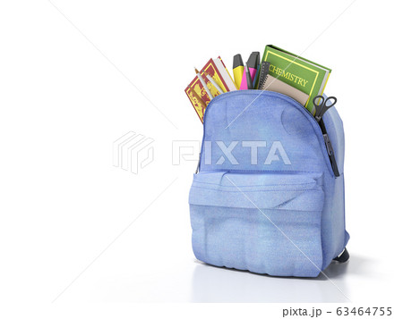 Blue backpack with school supplies 3d render on Blue backpack with school supplies 3d render on 63464755