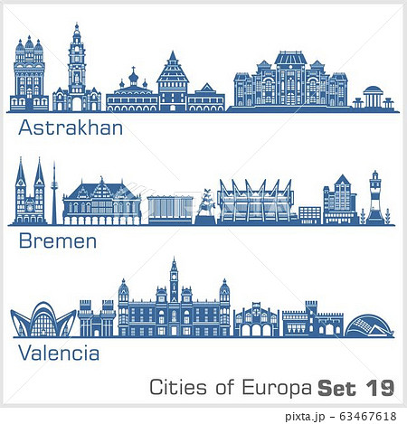 City in Europe - Astrakhan, Bremen, Valencia. Detailed architecture. Trendy vector illustration. City in Europe - Astrakhan, Bremen, Valencia. Detailed architecture. Trendy vector illustration. 63467618