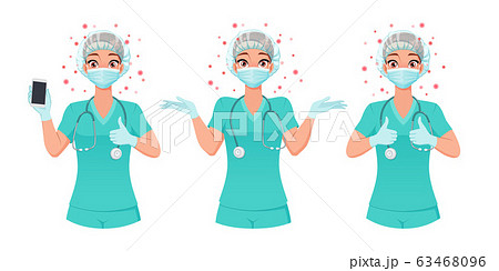 Nurse in mask, cap and gloves shows smartphone screen, thumbs up, shrugs. Protection from coronavirus. Vector set. Nurse in mask, cap and gloves shows smartphone screen, thumbs up, shrugs. Protection from coronavirus. Vector set. 63468096