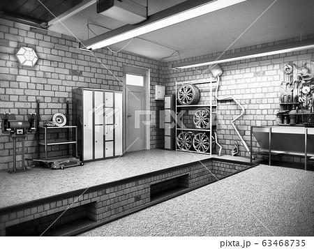 View of a Garage 3D Interior with Opened Roller View of a Garage 3D Interior with Opened Roller 63468735