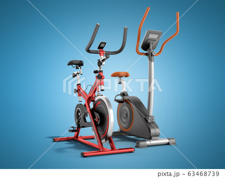 Two modern sport exercise bike yellow purple 3d 63468739