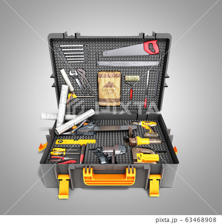 A set of tools in the case 3d render on blue 63468908