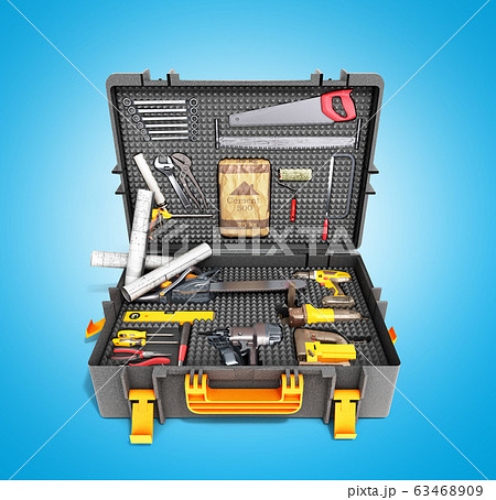 A set of tools in the case 3d render on blue 63468909