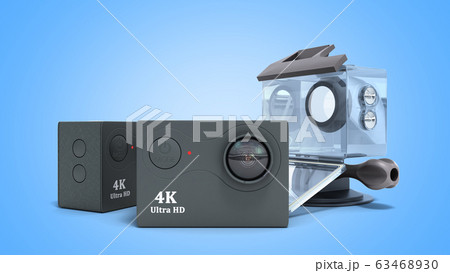 Camera Action Cam 3d render on a blue background Camera Action Cam 3d render on a blue background 63468930