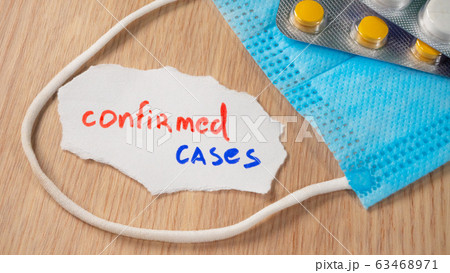 Medical face mask and pillswith inscription confirmed cases Medical face mask and pillswith inscription confirmed cases 63468971