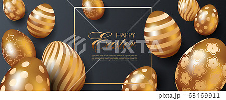 Luxury Happy Easter website header or banner template with realistic 3D golden eggs on black striped background Luxury Happy Easter website header or banner template with realistic 3D golden eggs on black striped background 63469911