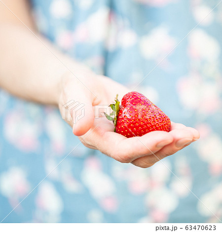 A woman holding a strawberry in her hand 63470623