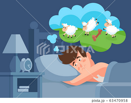 Man counts sheep to sleep. Insomnia cartoon vector illustration Man counts sheep to sleep. Insomnia cartoon vector illustration 63470958