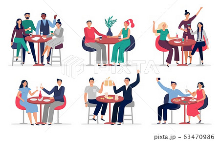 People sitting at cafe table. Couples in love on date, cafe meeting with friends vector illustration set People sitting at cafe table. Couples in love on date, cafe meeting with friends vector illustration set 63470986