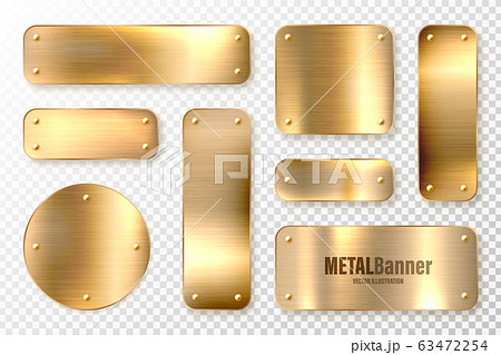 Realistic shiny metal banners set. Brushed steel plate. Polished copper metal surface. Vector 63472254
