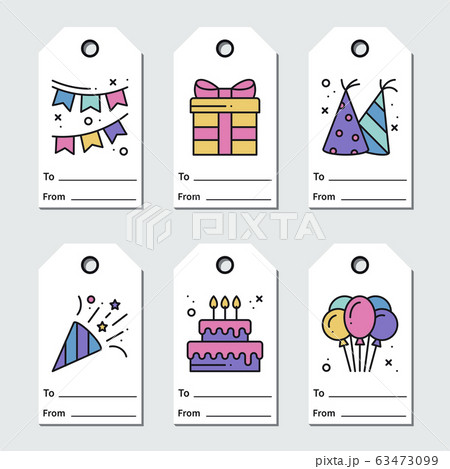 Birthday tags design on white background. Collection of party greeting cards in line style. Cute set for anniversary or birthday. Birthday tags design on white background. Collection of party greeting cards in line style. Cute set for anniversary or birthday. 63473099