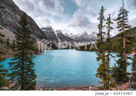 Moraine lake with Canadian rockies and pine trees Moraine lake with Canadian rockies and pine trees 63473467