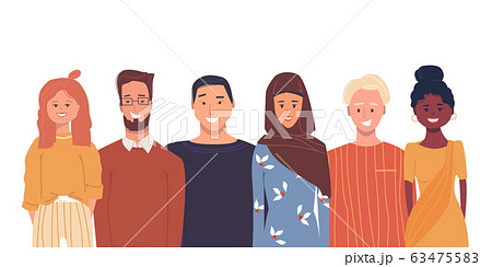 Colorful vector illustration. Young people. Multiethnic group of happy smiling people. Multicultural community. African, asian, european students. Communication and relations. Cultural diversity Colorful vector illustration. Young people. Multiethnic group of happy smiling people. Multicultural community. African, asian, european students. Communication and relations. Cultural diversity 63475583