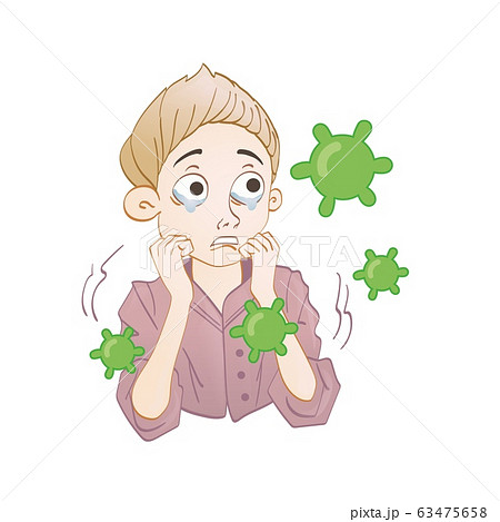 Scared boy with viruses flying around him. Coronavirus prevention, world quarantine. Cartoon design icon. Colorful flat vector illustration, isolated. 63475658