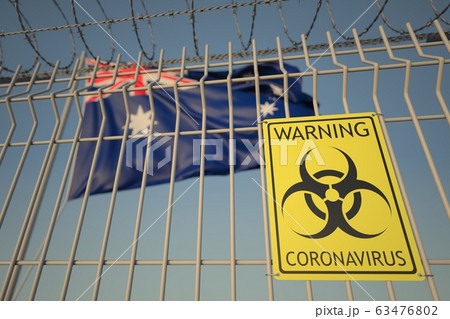 Coronavirus warning sign on the fence on the Australian flag background. Quarantine in Australia, conceptual 3D rendering Coronavirus warning sign on the fence on the Australian flag background. Quarantine in Australia, conceptual 3D rendering 63476802