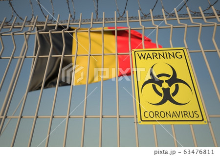 Coronavirus biohazard sign with flag of Belgium as a background. Belgian Quarantine, conceptual 3D rendering 63476811